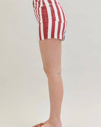Judy Blue Full Size High Waist Americana Flag Fray Hem Shorts Plus Size - THE AMERICAN BLUE