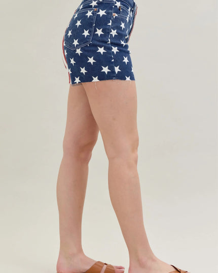 Judy Blue Full Size High Waist Americana Flag Fray Hem Shorts Plus Size - THE AMERICAN BLUE