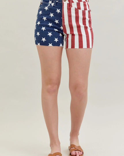 Judy Blue Full Size High Waist Americana Flag Fray Hem Shorts Plus Size - THE AMERICAN BLUE