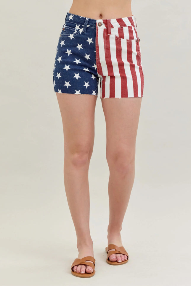 Judy Blue Full Size High Waist Americana Flag Fray Hem Shorts Plus Size - THE AMERICAN BLUE