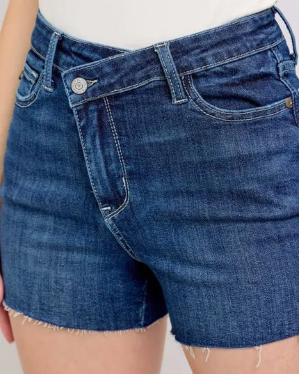 Judy Blue Full Size High Waist Criss - Cross Waistband Denim Shorts Plus Size - THE AMERICAN BLUE