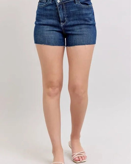 Judy Blue Full Size High Waist Criss - Cross Waistband Denim Shorts Plus Size - THE AMERICAN BLUE