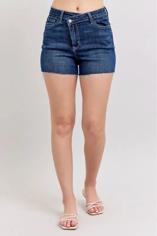 Judy Blue Full Size High Waist Criss - Cross Waistband Denim Shorts Plus Size - THE AMERICAN BLUE