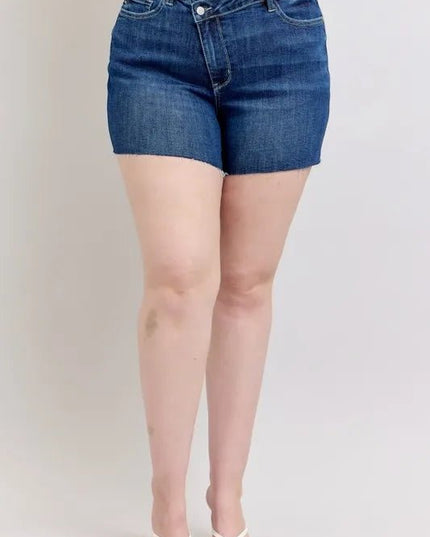 Judy Blue Full Size High Waist Criss - Cross Waistband Denim Shorts Plus Size - THE AMERICAN BLUE
