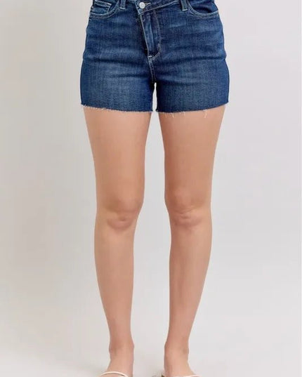 Judy Blue Full Size High Waist Criss - Cross Waistband Denim Shorts Plus Size - THE AMERICAN BLUE