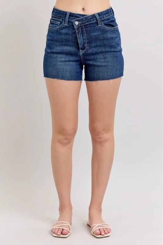 Judy Blue Full Size High Waist Criss - Cross Waistband Denim Shorts Plus Size - THE AMERICAN BLUE