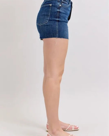 Judy Blue Full Size High Waist Criss - Cross Waistband Denim Shorts Plus Size - THE AMERICAN BLUE