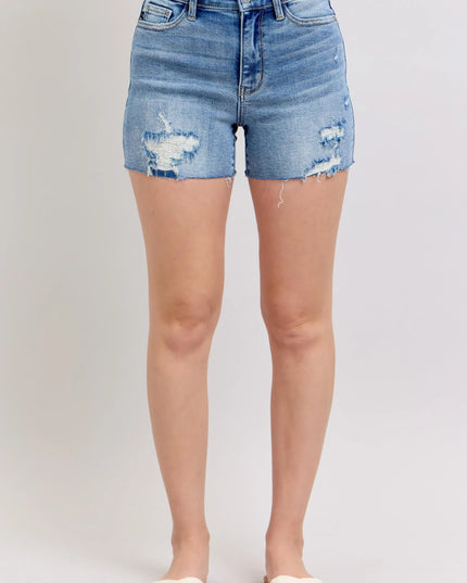 Judy Blue Full Size High Waist Denim Shorts W/stitch Over Destroy Detail Plus Size - THE AMERICAN BLUE