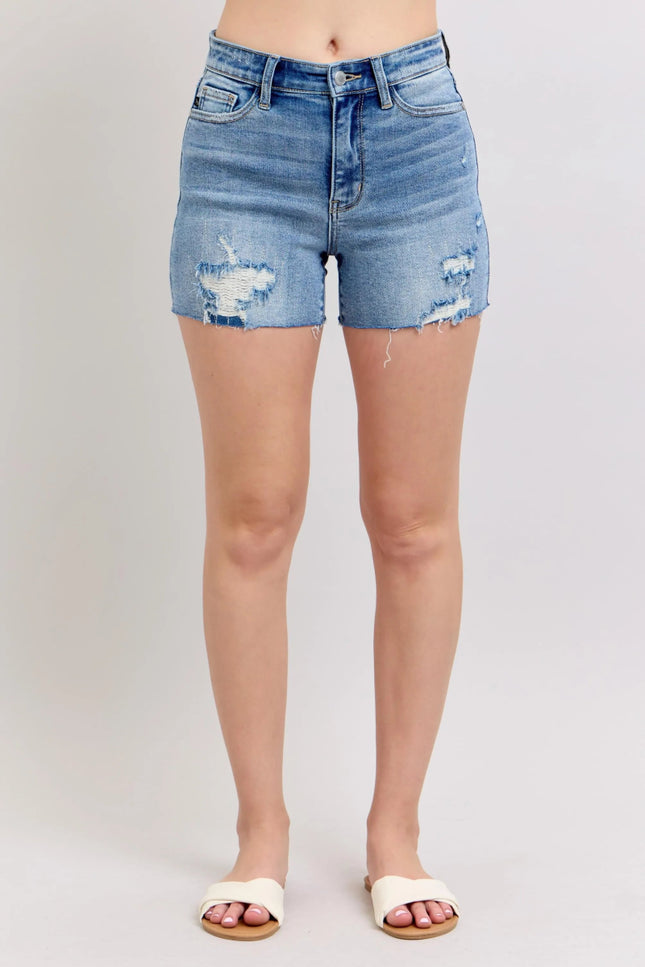 Judy Blue Full Size High Waist Denim Shorts W/stitch Over Destroy Detail Plus Size - THE AMERICAN BLUE