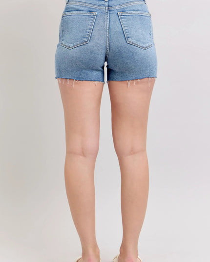 Judy Blue Full Size High Waist Denim Shorts W/stitch Over Destroy Detail Plus Size - THE AMERICAN BLUE