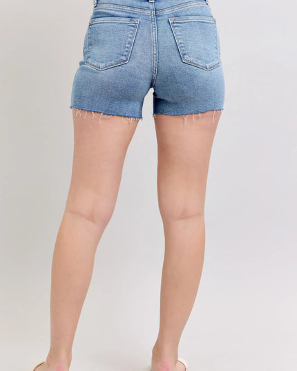 Judy Blue Full Size High Waist Denim Shorts W/stitch Over Destroy Detail Plus Size - THE AMERICAN BLUE