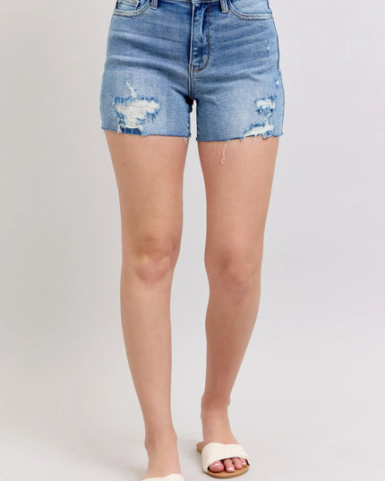 Judy Blue Full Size High Waist Denim Shorts W/stitch Over Destroy Detail Plus Size - THE AMERICAN BLUE