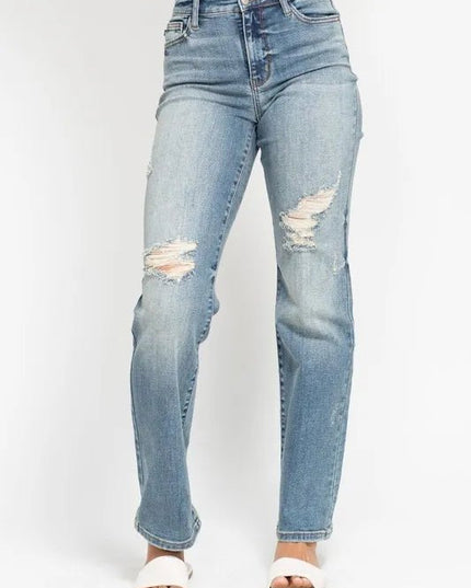 Judy Blue Full Size High Waist Distressed Dad Jean Plus Size - THE AMERICAN BLUE