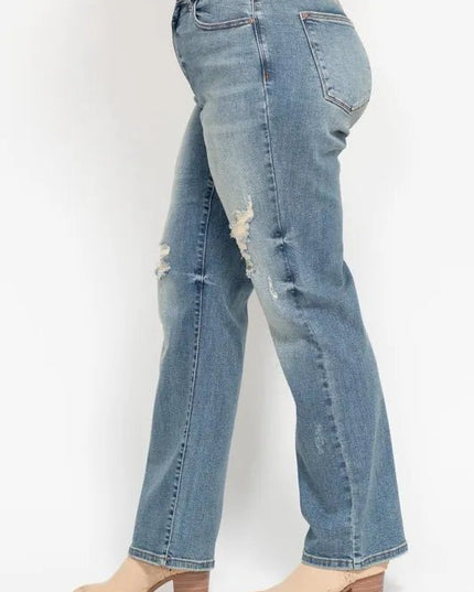 Judy Blue Full Size High Waist Distressed Dad Jean Plus Size - THE AMERICAN BLUE