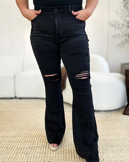 Judy Blue Full Size High Waist Distressed Flare Jeans - THE AMERICAN BLUE