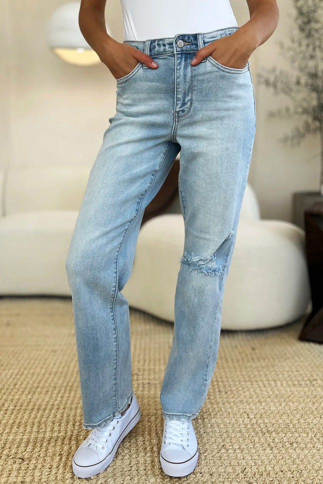 Judy Blue Full Size High Waist Distressed Straight Jeans - THE AMERICAN BLUE