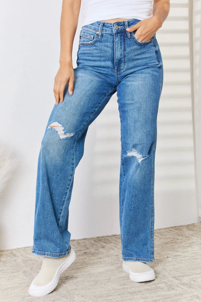 Judy Blue Full Size High Waist Distressed Straight - Leg Jeans - THE AMERICAN BLUE