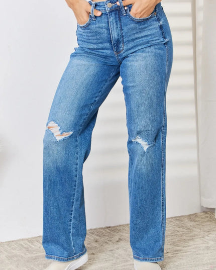 Judy Blue Full Size High Waist Distressed Straight - Leg Jeans - THE AMERICAN BLUE