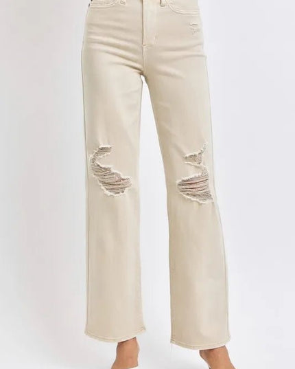 Judy Blue Full Size High Waist Distressed Wide Leg Jeans - THE AMERICAN BLUE