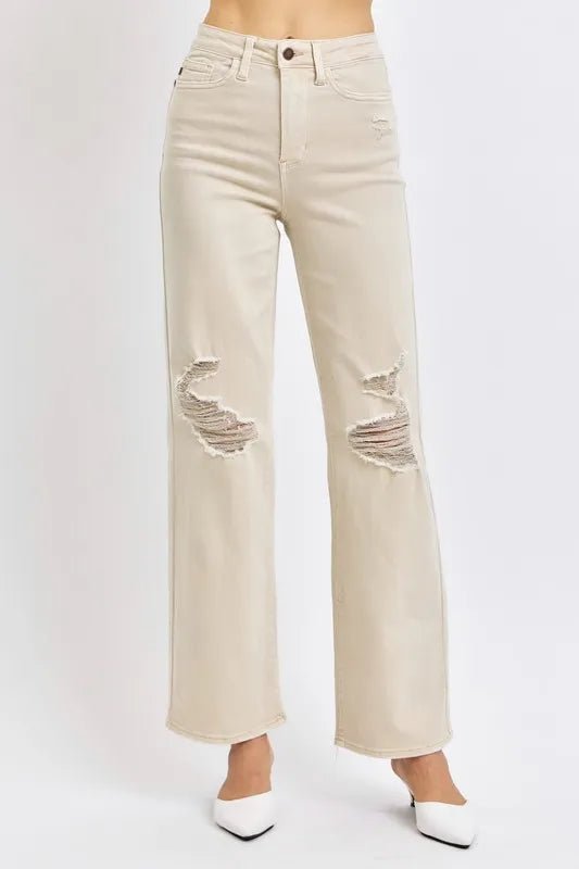 Judy Blue Full Size High Waist Distressed Wide Leg Jeans - THE AMERICAN BLUE