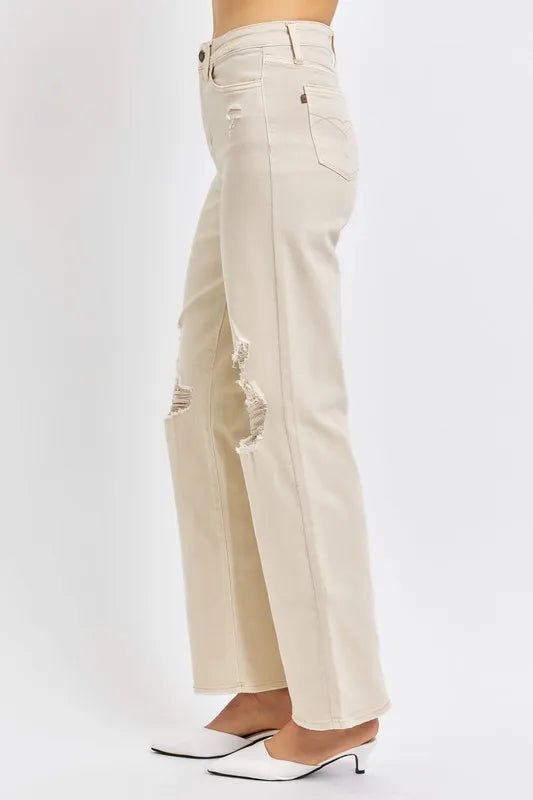 Judy Blue Full Size High Waist Distressed Wide Leg Jeans - THE AMERICAN BLUE