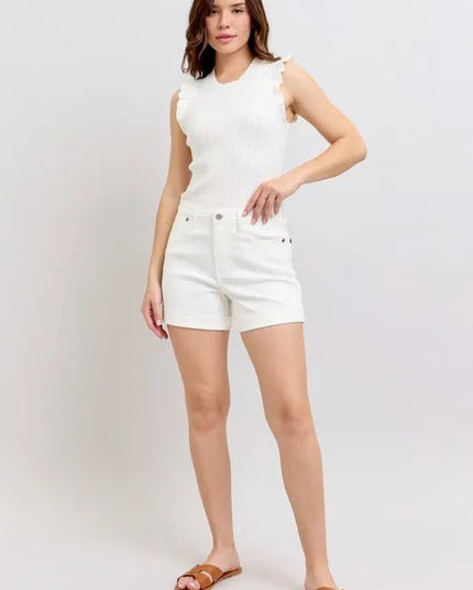Judy Blue Full Size High Waist Double Roll Cuff Denim Shorts Plus Size - THE AMERICAN BLUE