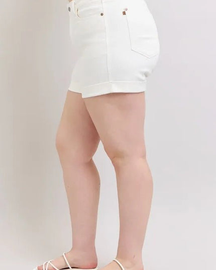 Judy Blue Full Size High Waist Double Roll Cuff Denim Shorts Plus Size - THE AMERICAN BLUE