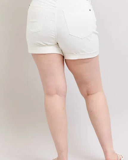 Judy Blue Full Size High Waist Double Roll Cuff Denim Shorts Plus Size - THE AMERICAN BLUE