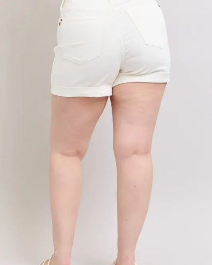 Judy Blue Full Size High Waist Double Roll Cuff Denim Shorts Plus Size - THE AMERICAN BLUE