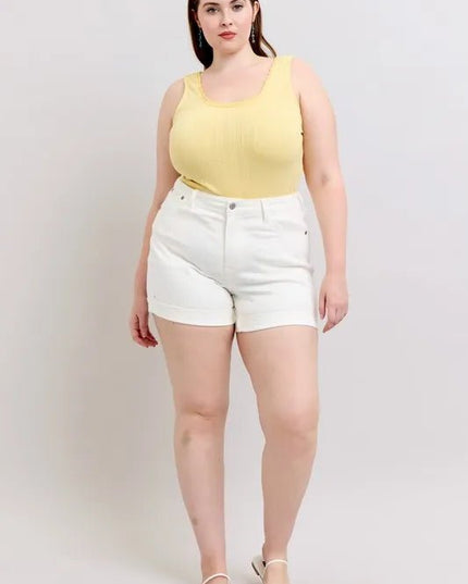 Judy Blue Full Size High Waist Double Roll Cuff Denim Shorts Plus Size - THE AMERICAN BLUE