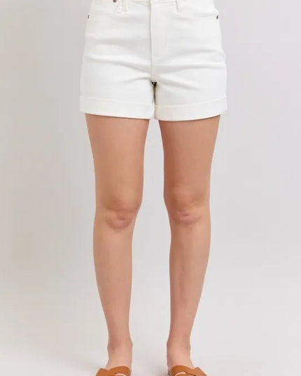 Judy Blue Full Size High Waist Double Roll Cuff Denim Shorts Plus Size - THE AMERICAN BLUE