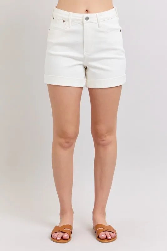 Judy Blue Full Size High Waist Double Roll Cuff Denim Shorts Plus Size - THE AMERICAN BLUE