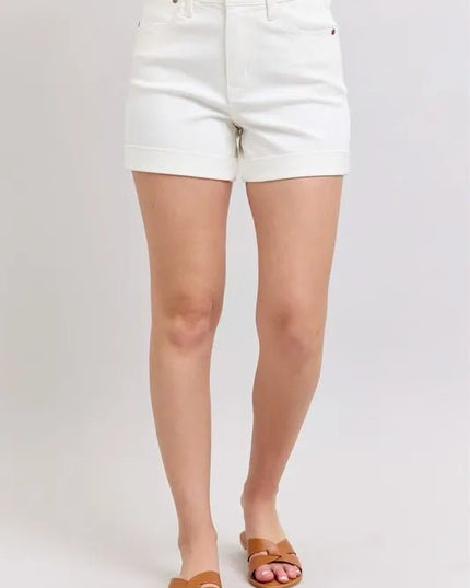 Judy Blue Full Size High Waist Double Roll Cuff Denim Shorts Plus Size - THE AMERICAN BLUE