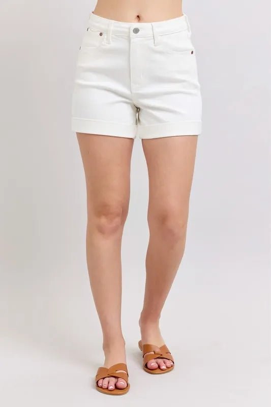 Judy Blue Full Size High Waist Double Roll Cuff Denim Shorts Plus Size - THE AMERICAN BLUE