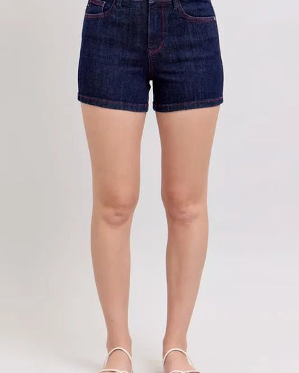 Judy Blue Full Size High Waist Heart Shaped Pkts & Red Contrast Thread Denim Shorts Plus Size - THE AMERICAN BLUE