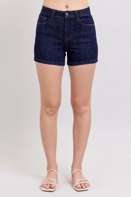 Judy Blue Full Size High Waist Heart Shaped Pkts & Red Contrast Thread Denim Shorts Plus Size - THE AMERICAN BLUE