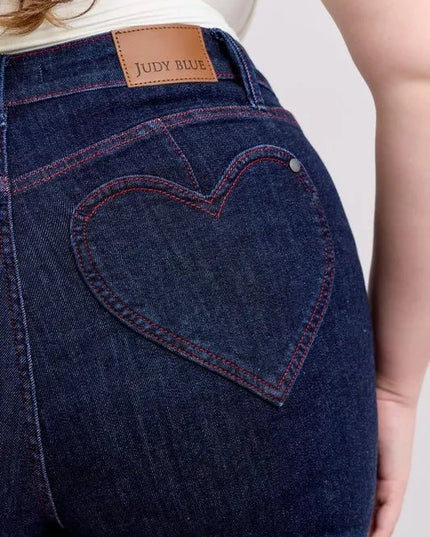 Judy Blue Full Size High Waist Heart Shaped Pkts & Red Contrast Thread Denim Shorts Plus Size - THE AMERICAN BLUE