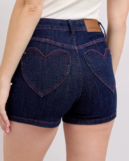 Judy Blue Full Size High Waist Heart Shaped Pkts & Red Contrast Thread Denim Shorts Plus Size - THE AMERICAN BLUE