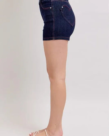 Judy Blue Full Size High Waist Heart Shaped Pkts & Red Contrast Thread Denim Shorts Plus Size - THE AMERICAN BLUE