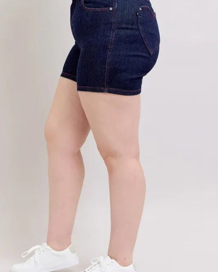 Judy Blue Full Size High Waist Heart Shaped Pkts & Red Contrast Thread Denim Shorts Plus Size - THE AMERICAN BLUE