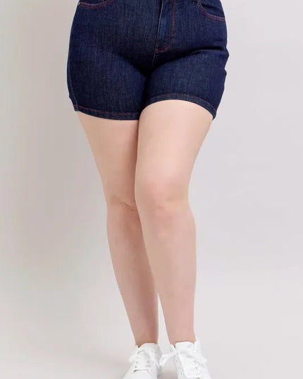 Judy Blue Full Size High Waist Heart Shaped Pkts & Red Contrast Thread Denim Shorts Plus Size - THE AMERICAN BLUE