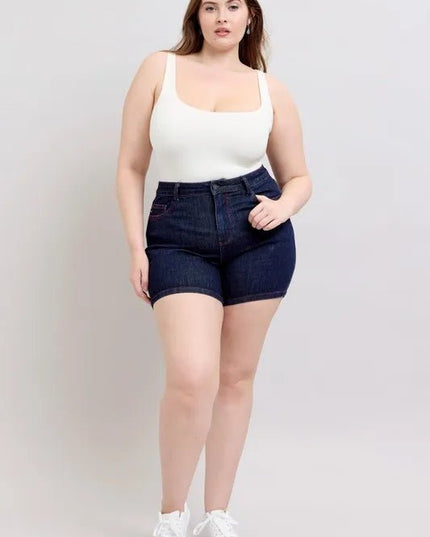 Judy Blue Full Size High Waist Heart Shaped Pkts & Red Contrast Thread Denim Shorts Plus Size - THE AMERICAN BLUE