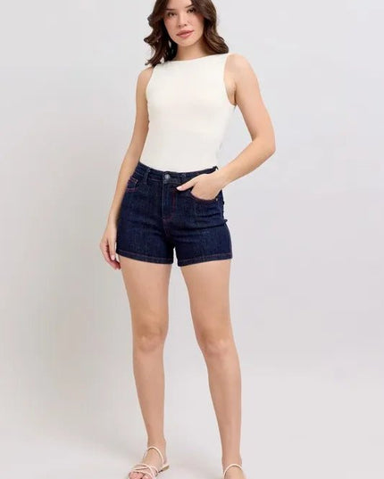 Judy Blue Full Size High Waist Heart Shaped Pkts & Red Contrast Thread Denim Shorts Plus Size - THE AMERICAN BLUE