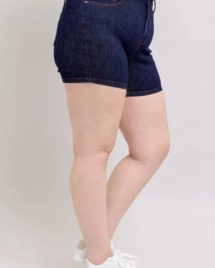 Judy Blue Full Size High Waist Heart Shaped Pkts & Red Contrast Thread Denim Shorts Plus Size - THE AMERICAN BLUE