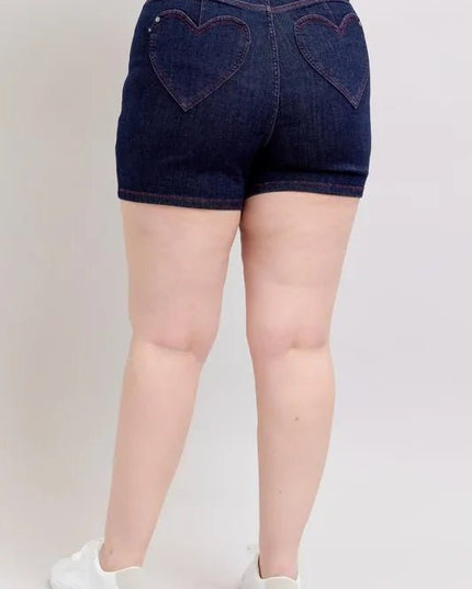 Judy Blue Full Size High Waist Heart Shaped Pkts & Red Contrast Thread Denim Shorts Plus Size - THE AMERICAN BLUE