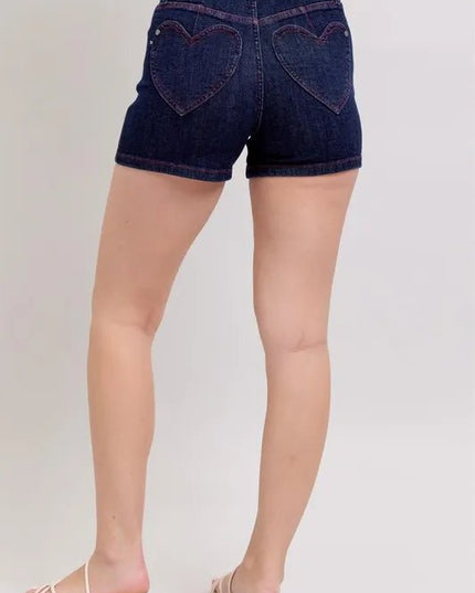 Judy Blue Full Size High Waist Heart Shaped Pkts & Red Contrast Thread Denim Shorts Plus Size - THE AMERICAN BLUE