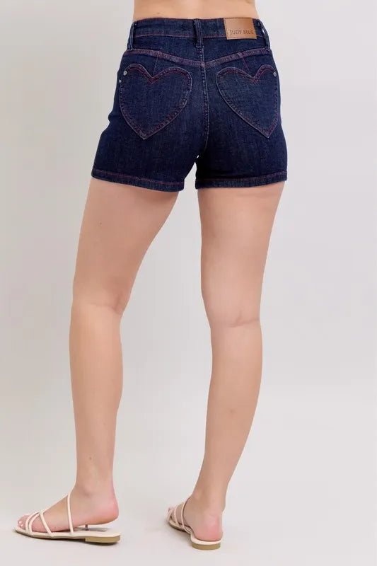 Judy Blue Full Size High Waist Heart Shaped Pkts & Red Contrast Thread Denim Shorts Plus Size - THE AMERICAN BLUE