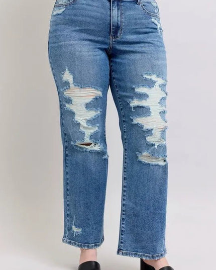 Judy Blue Full Size High Waist Heavy Destroy Straight Jeans Plus Size - THE AMERICAN BLUE