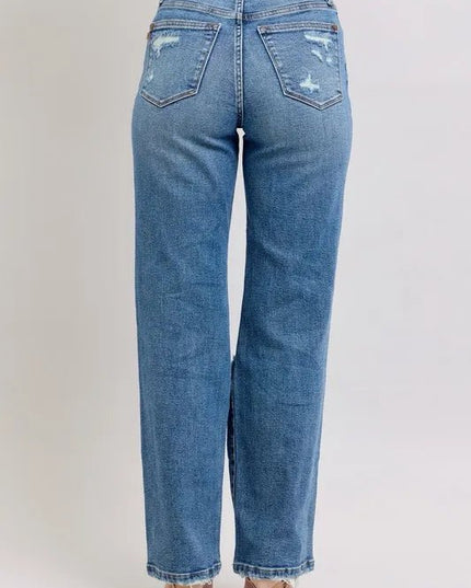 Judy Blue Full Size High Waist Heavy Destroy Straight Jeans Plus Size - THE AMERICAN BLUE