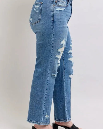 Judy Blue Full Size High Waist Heavy Destroy Straight Jeans Plus Size - THE AMERICAN BLUE